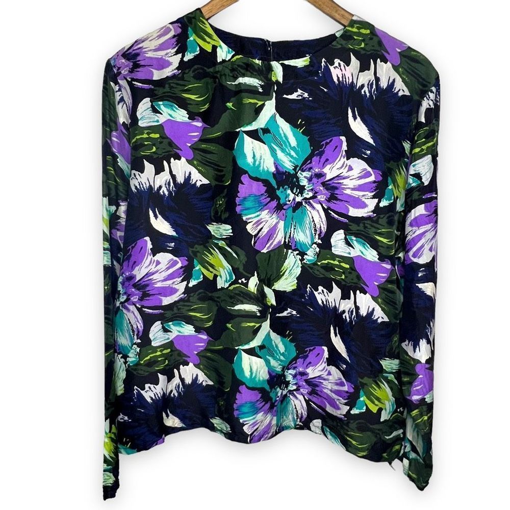 Marguerite Li Purple Blue Vintage Floral Silk Blouse Large